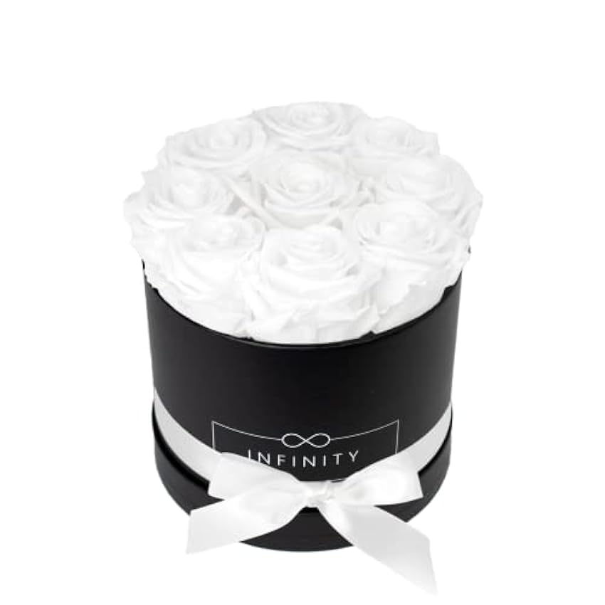 Infinity Flowerbox Medium (Negro) - 9 Rosas Real Premium en Blanco Puro A05wrdCF