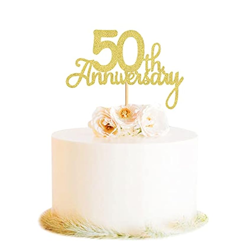 Blumomon Decoración para tarta de 50 aniversario con purpurina dorada para 50 aniversario de boda, 50 aniversario, fiesta de 50 cumpleaños, decoración de fiesta de cumpleaños, paquete de 3 bTxt28am