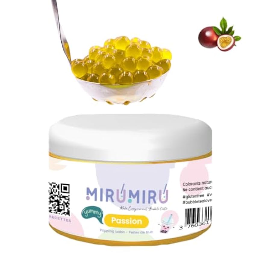 MiruMiru – POPPING BOBA ORIGINAL para Bubble Té – Fruta de la Pasión – 140 g – Sin colorantes artificiales, menos azúcar, 100% VEGETALIANO y SIN GLUTEN 2pvaOPII