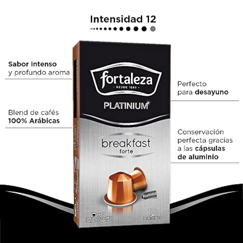 Café Fortaleza Platinium - Cápsulas Compatibles con Nespresso, de Aluminio, Sabor Breakfast Forte, Intenso, 100% Arábica, Tueste Natural, Pack 8x10 - 80 uds CokKVuyH
