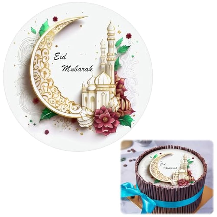 TECHEEL Decoración comestible para tartas de fondant con EID Mubarak, personalizable, con foto y texto comestible, decoración de tartas, papel de oblea redondo (A) 22oo1KGI