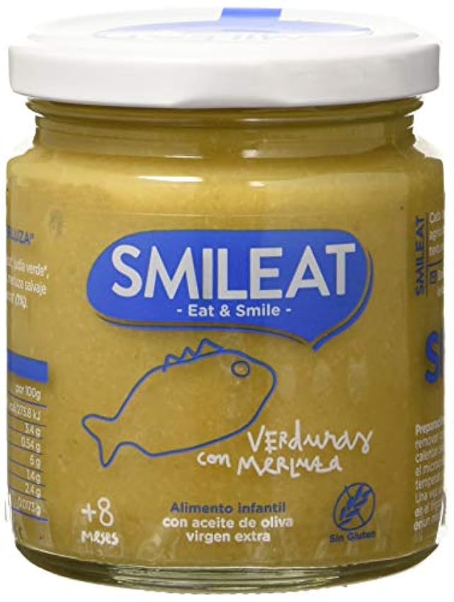Smileat - Tarritos Ecológicos con Verduras, Ingredientes Naturales, para Bebés desde 6 Meses, Sano y Saludable, sin Gluten, Sabor a Verduras con Merluza - Pack de 12 x 230 g = 2760 g eUd3JaI8