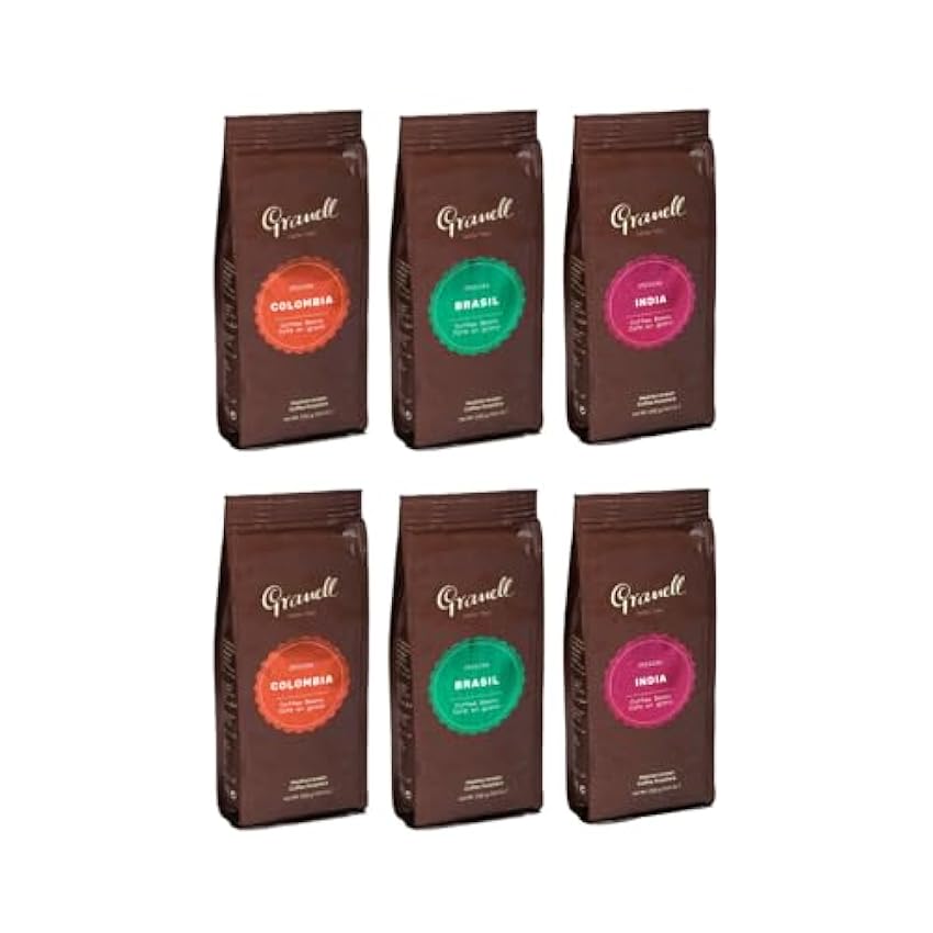 Granell Cafés · 1940 - Pack Degustación Orígenes | Café en Grano 100% Arabica de Brasil, Colombia y India | 6 Paquetes x 250 Gramos FhGb0dQm