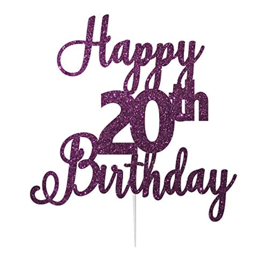 LissieLou - Decoración para Tarta de 20 cumpleaños (en Tarjeta con Purpurina), diseño de Texto Happy 20th Birthday en2Y7lqF