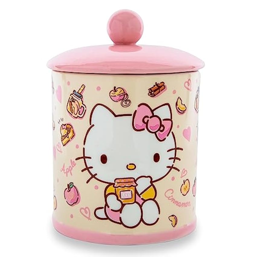 Sanrio Hello Kitty - Tarro de cerámica con tapa para aperitivos, manzanas y canela, almacenamiento de alimentos de cocina para galletas, dulces, 8 pulgadas de alto 12vv3F2Q