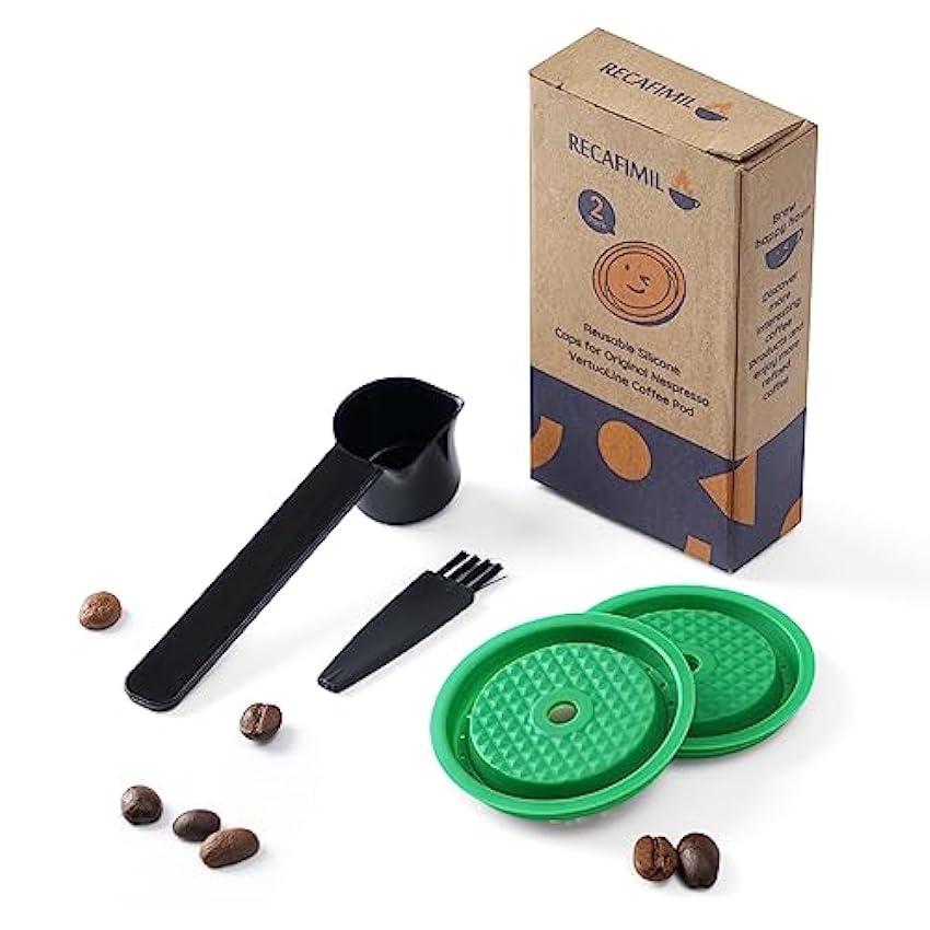 RECAFIMIL Paquete de 2 tapas reutilizables compatibles con cápsulas Nespresso Vertuo y VertuoLine, cápsulas de café recargables con cuchara y cepillo, verde 0jCSHmfv