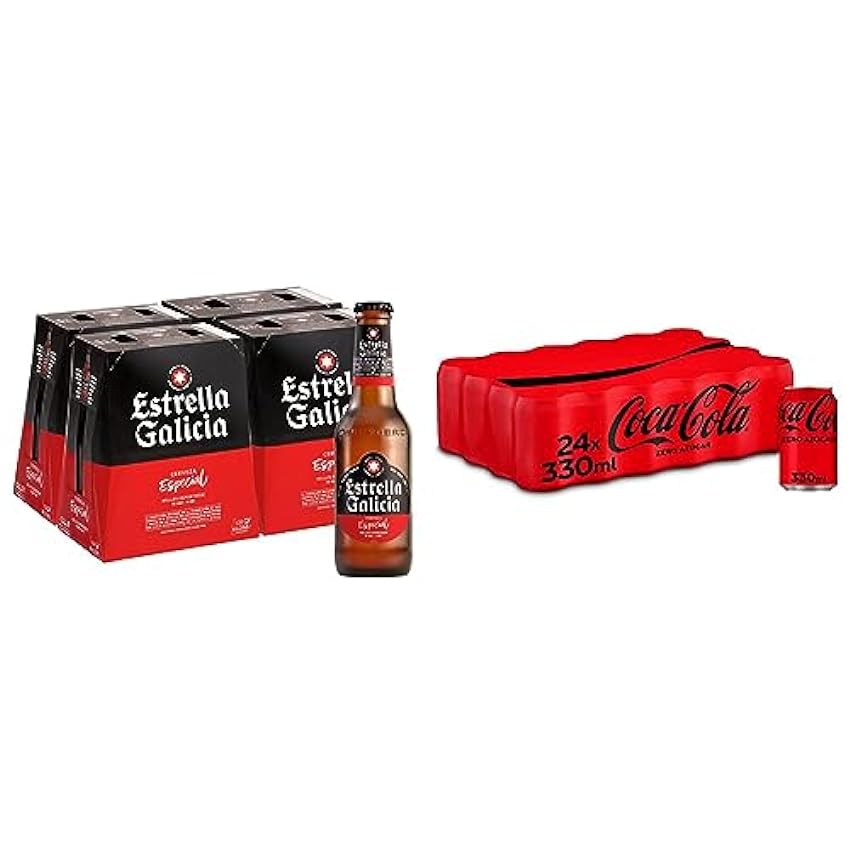Estrella Galicia Especial - Cerveza Lager Premium, Pack de 24 Botellas x 25 cl & Coca-Cola Zero Azúcar - Refresco de cola sin azúcar, sin calorías - Pack 24 latas 330 ml CjrwyHLo