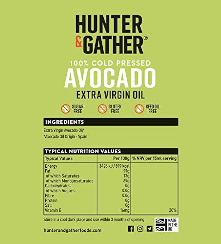Hunter & Gather Aceite de Aguacate Extra Virgen | Prensado en Frio, Sin Refinar, Embotellado en Reino Unido | Versátil para Rociar, Freír y Sumergir | Libre de Azúcar, Gluten y Lácteos… (250) c2ZfqU0h