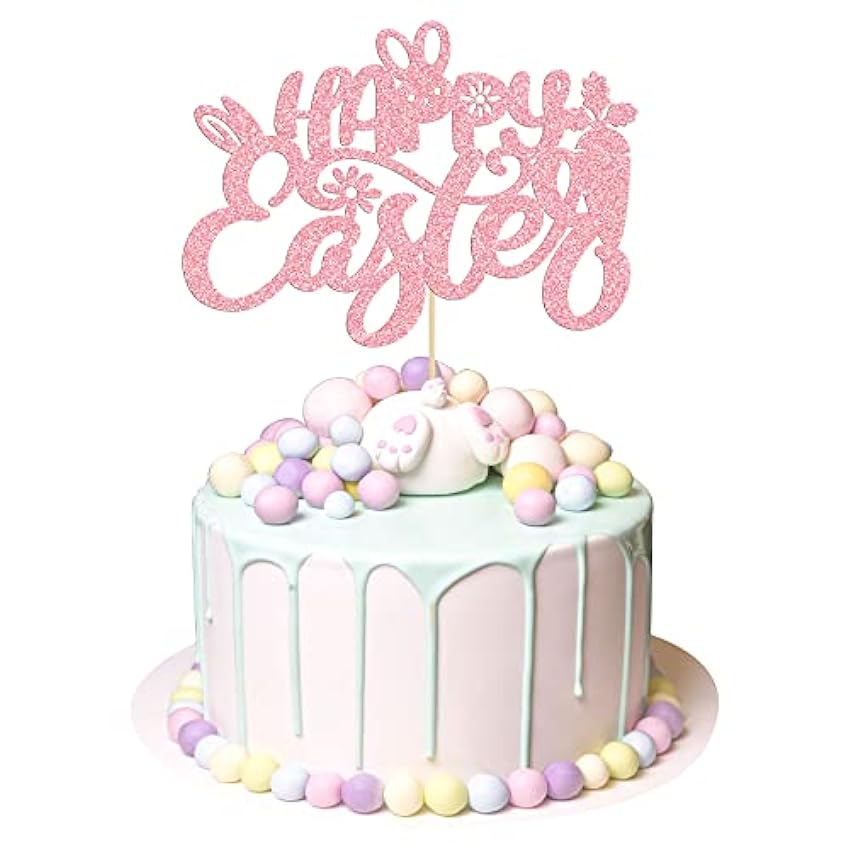 24 adornos para cupcakes de conejo de Pascua con purpurina, bonita cesta de zanahoria, huevo, decoración para tartas de Pascua, primavera, baby shower, suministros para fiestas de cumpleaños D2iIeJoP