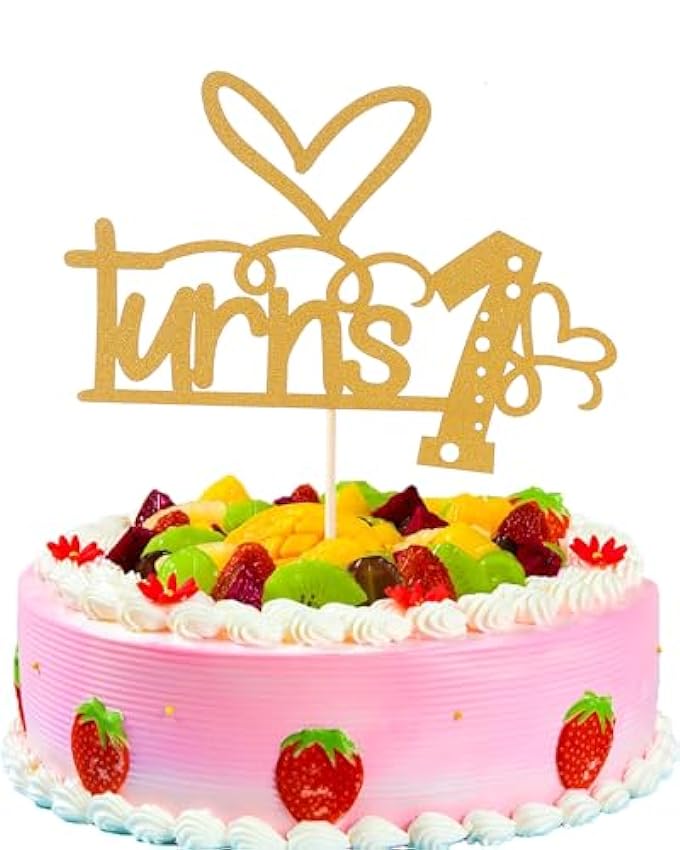 Gold Turns One Cake Topper - Suministros de decoración de tartas de primer cumpleaños, accesorios de cabina de fotos de primer cumpleaños con purpurina cB9lgzOC