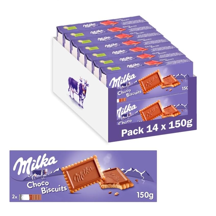 Milka Choco Biscuits Galletas con Chocolate con Leche de los Alpes 150 g, Pack de 14 0wpkBFZq