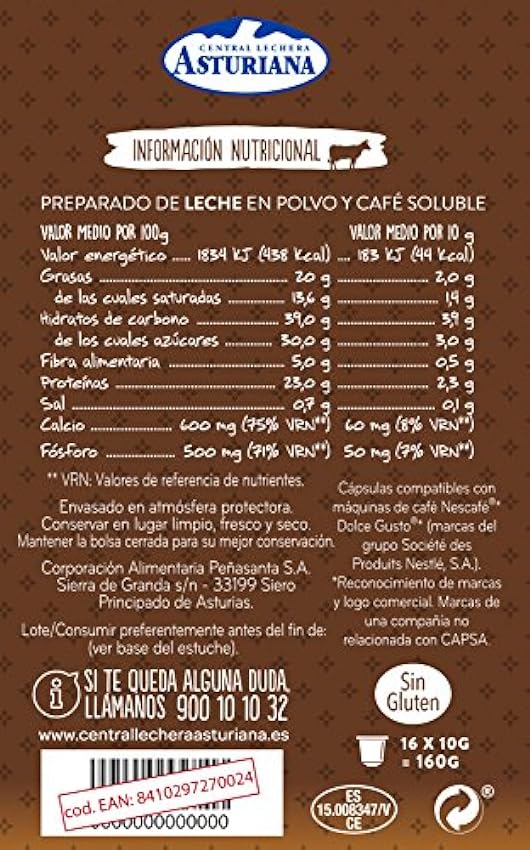 Central Lechera Asturiana Cápsulas de Café con Leche, 4 x 16 cápsulas BKb2nEGt