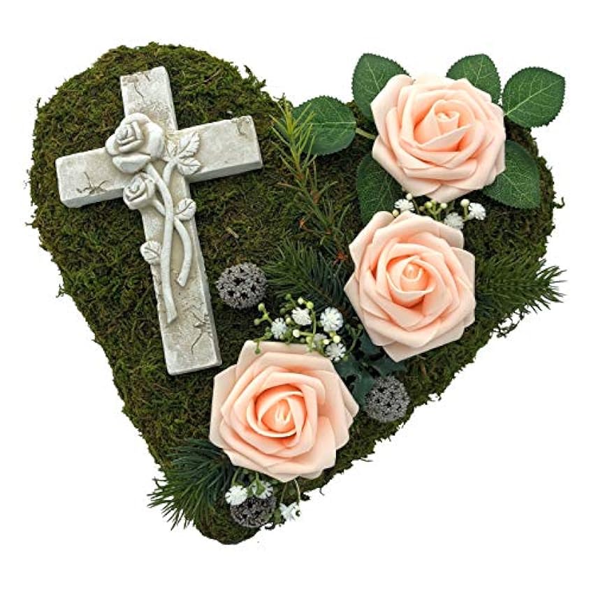 Radami Decoración para tumba con corazón de musgo, cruz o ángel, corazón de condolencia, corazón de rosas, color rosa AT4YreFG
