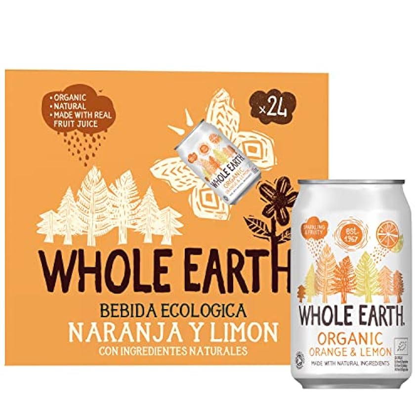 Whole Earth - Pack de 24 Bebidas Refrescantes Ecológicas de Limón y Naranja de 330 ml - Sin Azúcar Añadido y Sin Gluten - Apta para Veganos - Elaborada con Ingredientes Naturales 0E58rNkv
