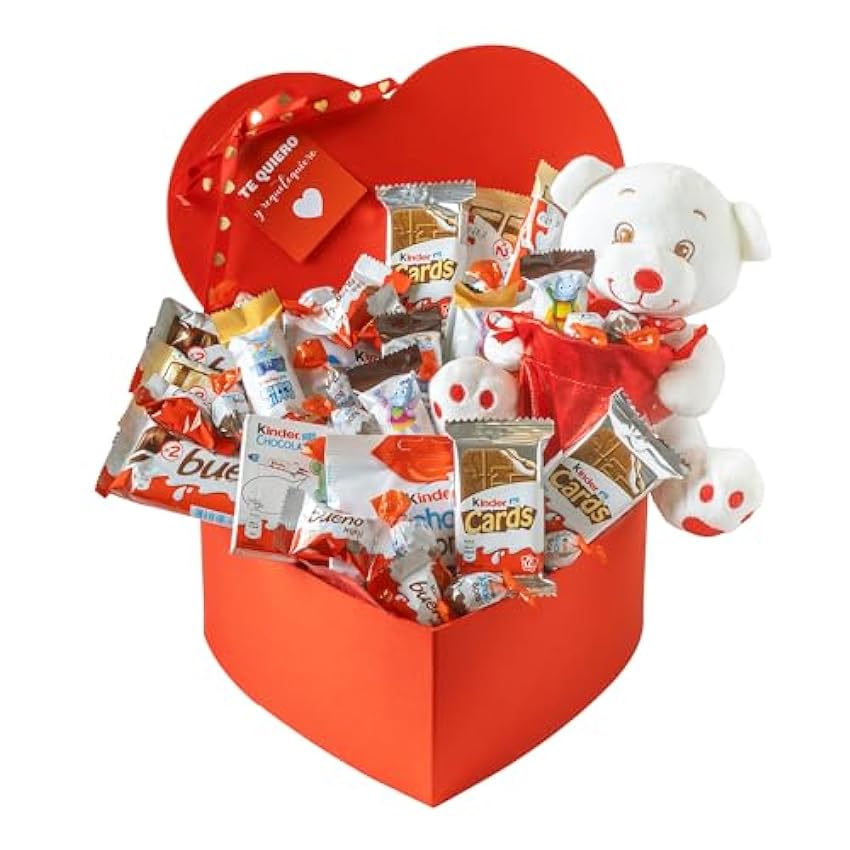Onza. Caja de chocolates para regalar con forma de corazón. Cesta de regalo original rellena con un pack de Kinder, SchokoBons, Happy Hippo, Kinder Cards, Kinder Bueno mini. 8mtwG4iF