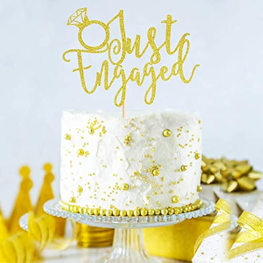Arthsdite Just Engaged - Decoración para tartas para decoraciones de fiesta de compromiso, letrero de anillo de compromiso, decoración para tartas de despedida de soltera, purpurina dorada aDnWzGBC
