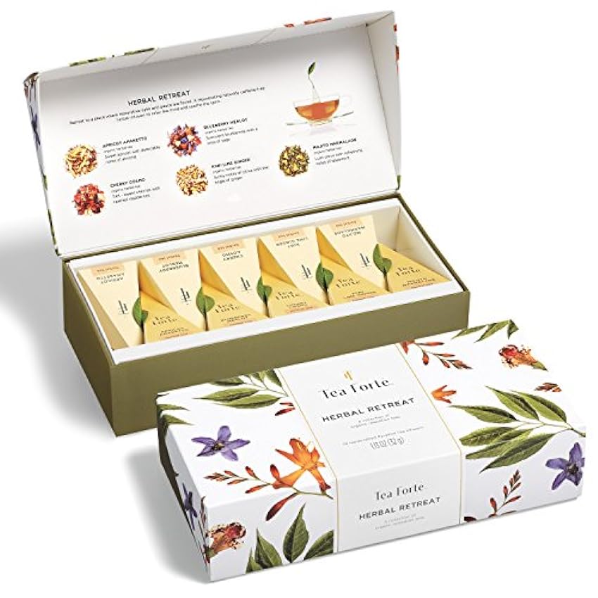 Tea Forte Herbal Retreat Té orgánico de cítricos y frutas, caja de presentación pequeña, juego de muestrario de té con 10 infusores de bolsa de té en forma de pirámide hechos a mano, sin cafeína dvFSHUgi