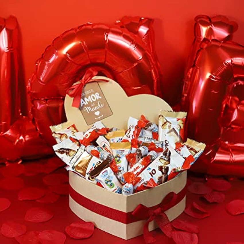 Onza. Caja de chocolates para regalar con forma de corazón. Cesta de regalo original rellena con un pack de Kinder, SchokoBons, Happy Hippo, Kinder Cards, Kinder Bueno mini. 8mtwG4iF