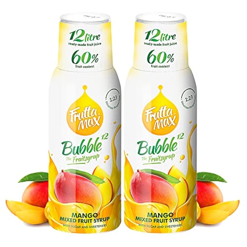 2 paquetes - FruttaMax - Concentrado de jarabe de frutas | Menos azúcar | con un 60% de contenido de fruta | adecuado para máquina de refrescos (2 x 500 ml) (2 x Mango) F30RCPZP