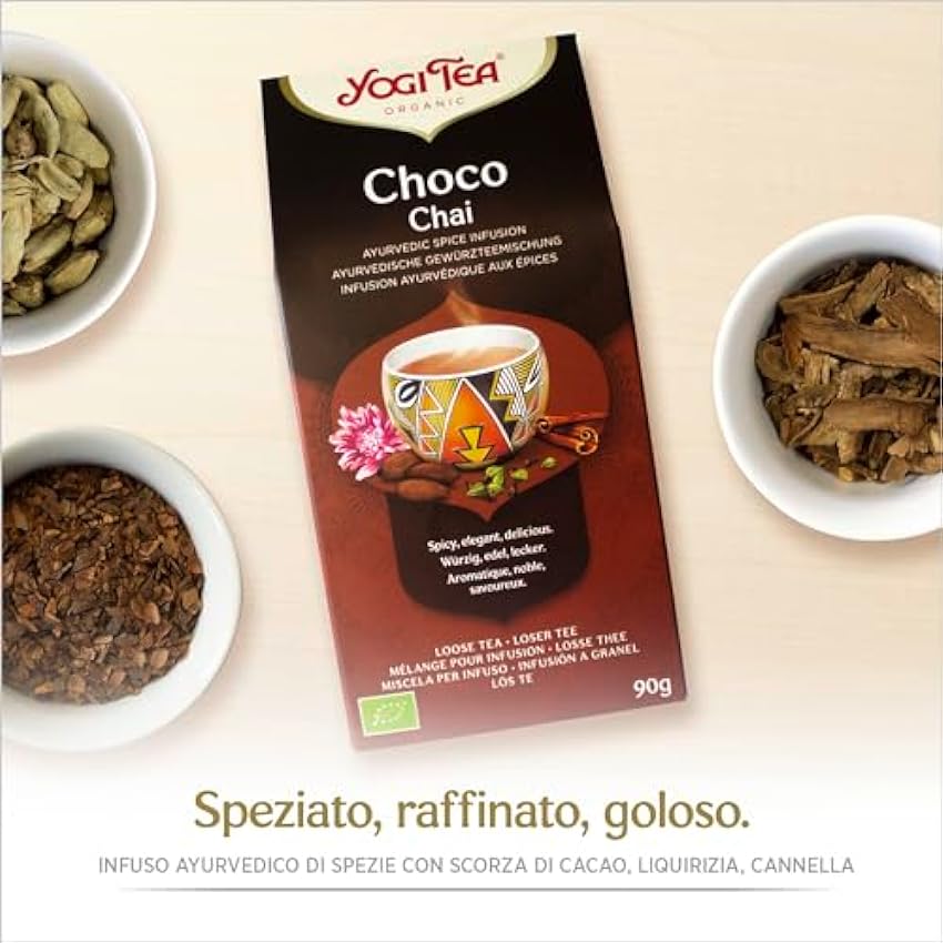 Yogi Tea Choco Chai - Infusión Ayurvédica - Mezcla de Cacao, Regaliz y Canela - Té a Granel - Envase de 8 unidades de 90 g (720 g) 10Z0iB6M