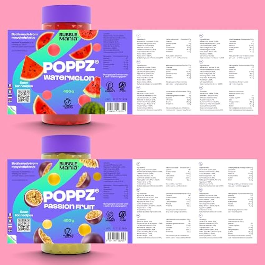 POPPZ Popping Boba Burbujas de frutas para Bubble tea/Té de burbujas - Paquete de 4 perlas de Tapioca que revientan frutas de Bubble Mania - Listo para comer (Maracuyá, lichi, kiwi, sandía)) BfC8mBk6