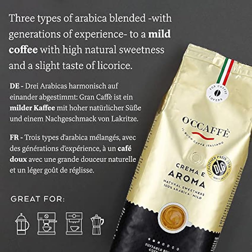 O´CCAFFÈ – Crema e Aroma 100% café Arabica | 1 kg de granos de café enteros | Torrefacción extralenta en tambor de una empresa familiar italiana 0Ll481ru