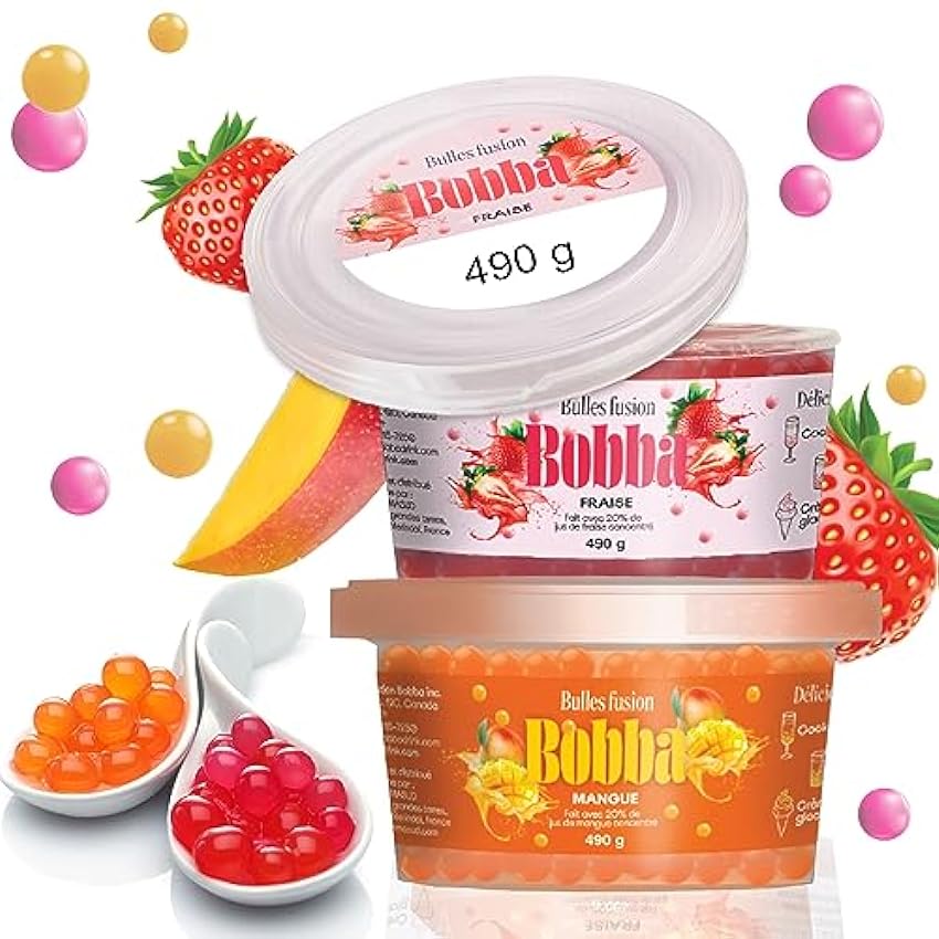 BOBA Tea - Popping Boba para té de burbujas - 2 tarros - Mango y fresa - 2 x 460 g - Sin colorantes artificiales, zumos de frutas reales, bajo en azúcar, opción más saludable 8KXACqJc