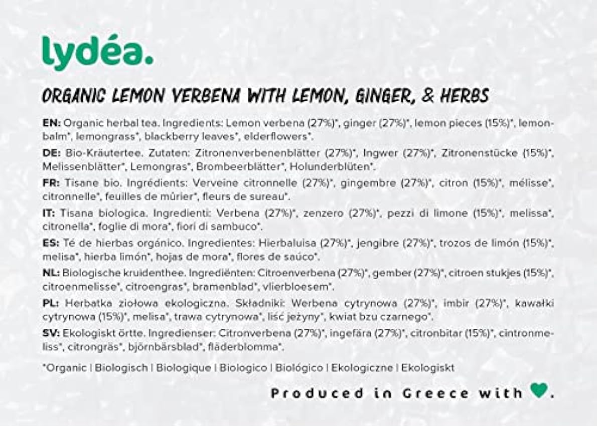 Lydea - Infusión ecológica en hoja suelta de verbena limón, limón, jengibre y hierbas aromáticas, bolsa de 150 g 5HLNXEmW
