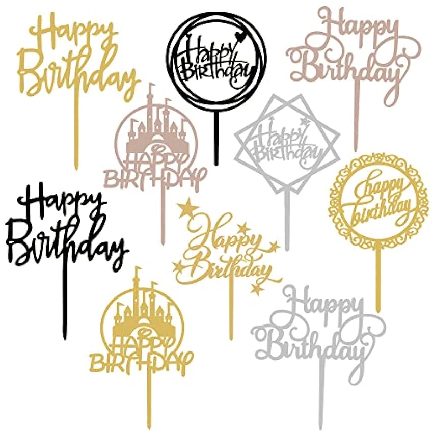 TITSHOP Juego de 10 decoraciones para tartas de Happy Birthday con purpurina acrílica para decoración de cumpleaños, decoración de tartas, decoración de cumpleaños para niños y adultos (4 colores) EbUIWfpV