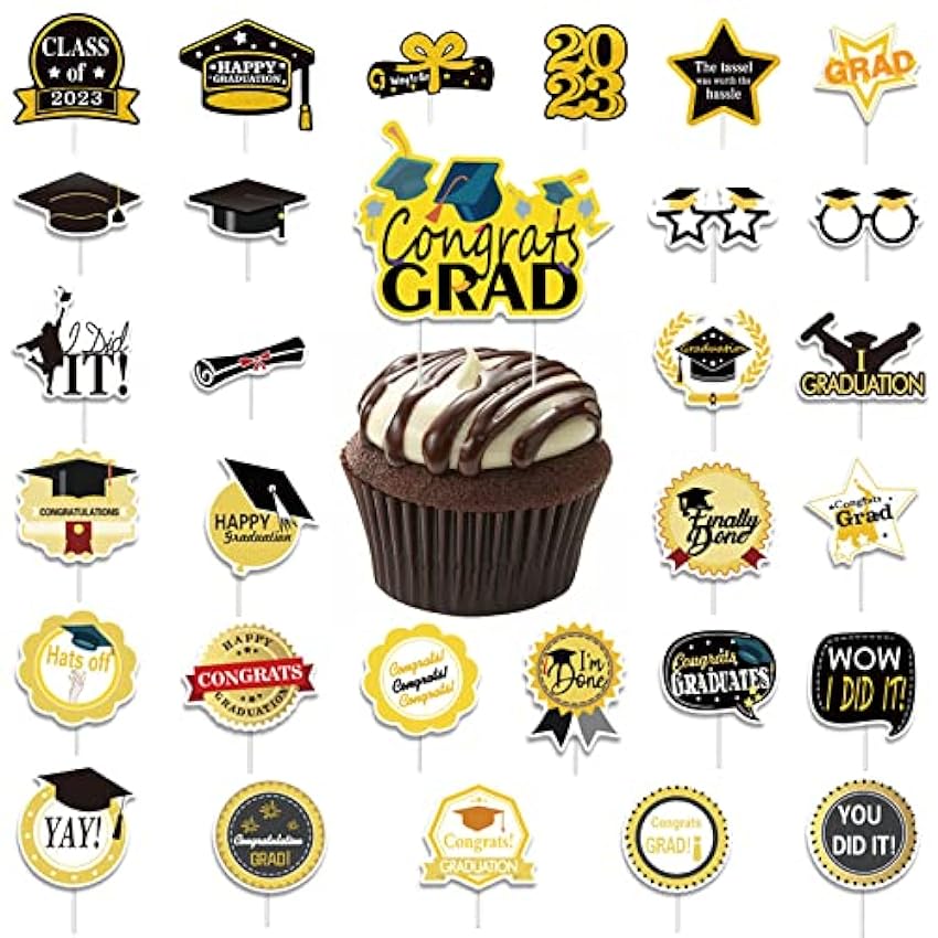 VARACL 30 adornos para cupcakes de graduación 2023, decoraciones de graduación 2023, púas para cupcakes de fiesta temática de graduación 2023, suministros de decoración para tartas EIgARUUi