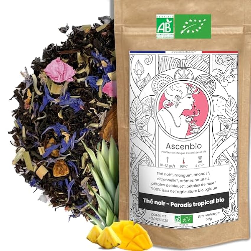 Ascenbio – Té negro – Paraíso tropical orgánico – 180 g a granel – preparado y envasado en Francia – embalaje biodegradable B1wvkvB5