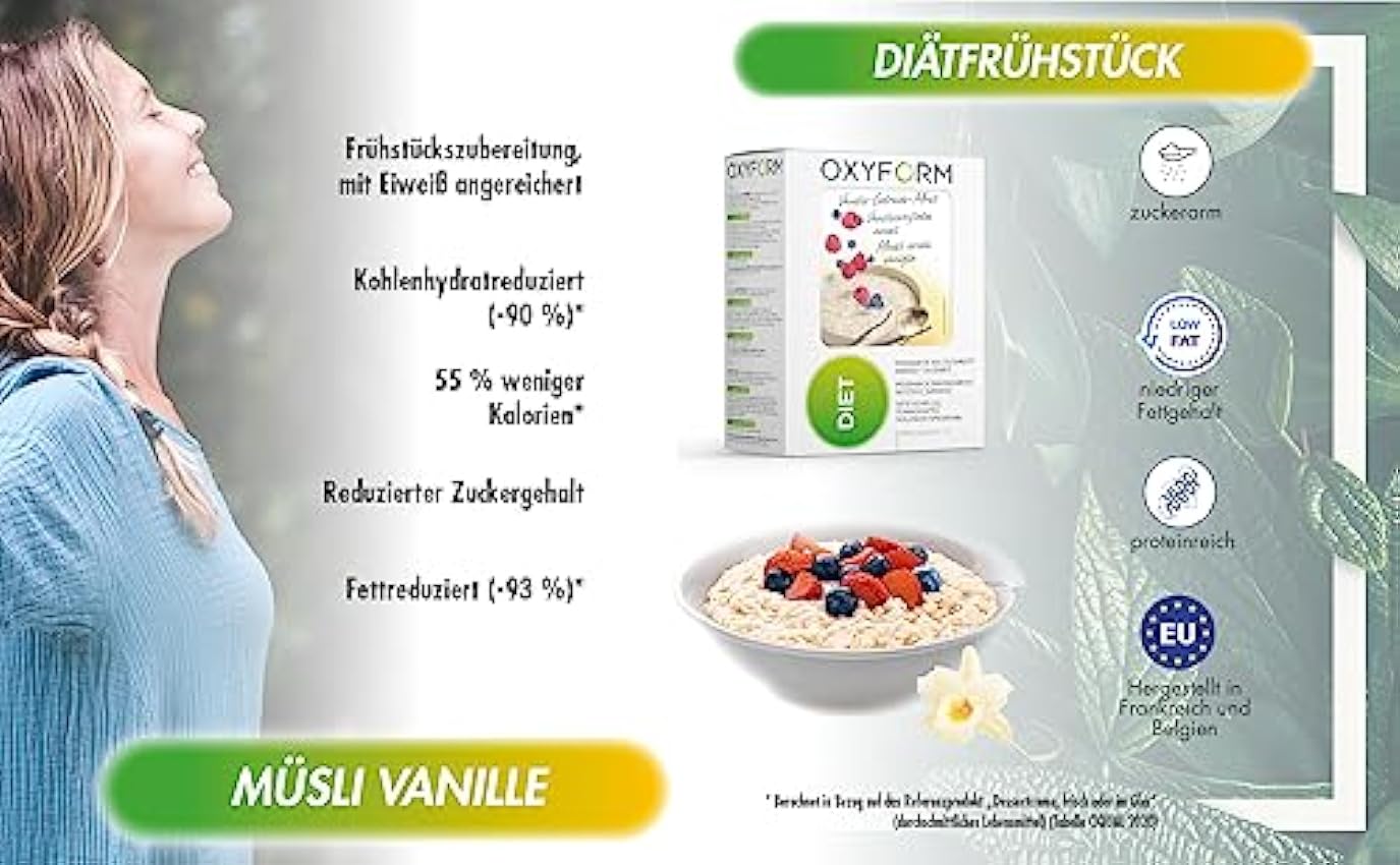 Oxyform Muesli Cereales Vainilla Proteicos I Lote de 2 paquetes = 12 sobres de 25 g I Snacks Sabrosos Rico en Proteínas I Bajo Contenido de Grasas, Azúcares e Hidratos de Carbono I Vitaminas B 76pT5o8i