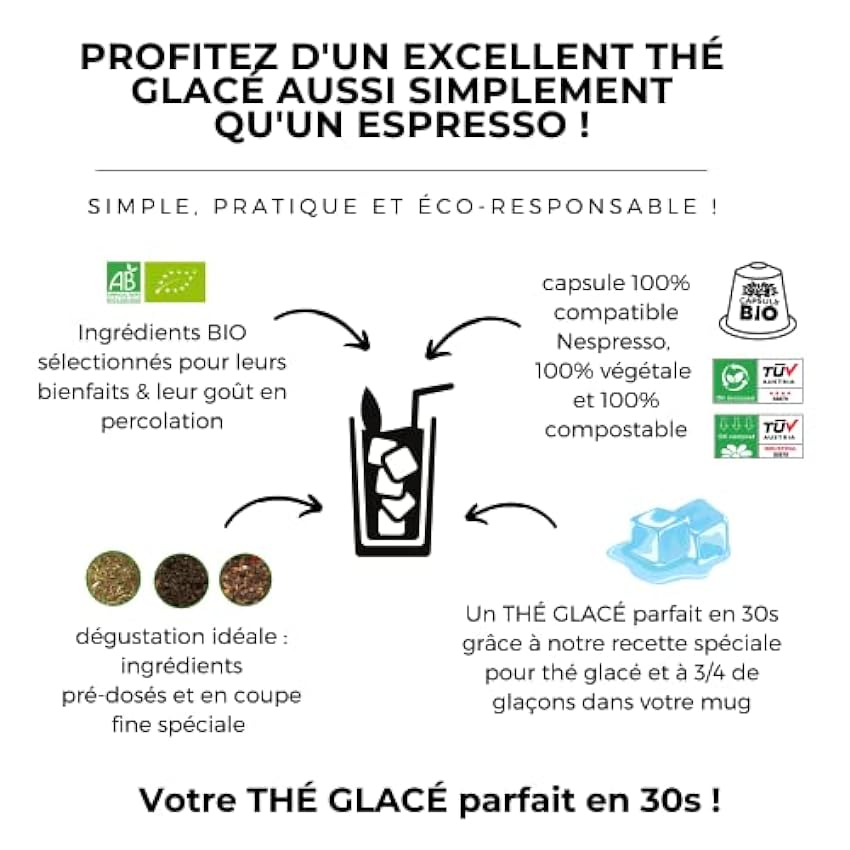 CAPSUL&BIO Capsulas de Té helado bio - Limón y té verde - Biodegradables, sin aluminio y Compatibles con las máquinas de cápsulas Nespresso® - Rápido y delicioso - Fabricado en Francia 7HulDvbs