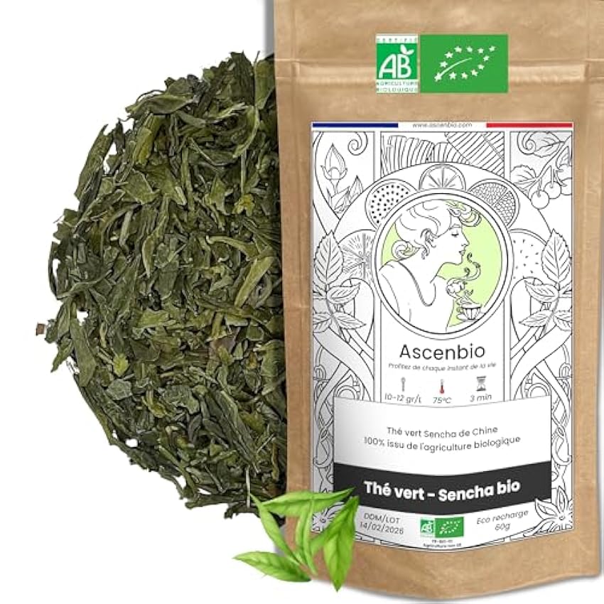 Ascenbio - Té verde - Sencha orgánico - 180 g a granel - preparado y envasado en Francia - embalaje biodegradable 3U8lAFFd