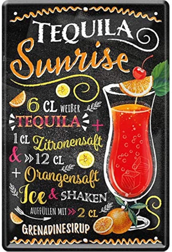 Tequila Sunrise Cocktail receta Tequila zumo de limón, zumo de naranja, granadina, hielo, 20 x 30 cm, bar, fiesta, sótano, cartel decorativo de chapa 2008 BPac7aXE