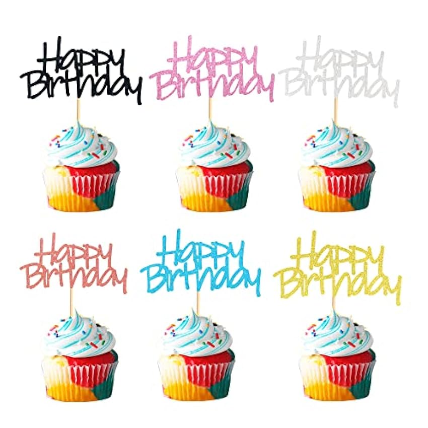 Arthsdite 24 adornos para cupcakes de feliz cumpleaños, 6 colores mezclados para pasteles, alimentos, frutas, para celebrar fiestas de cumpleaños, suministros de decoración fIkflxIH