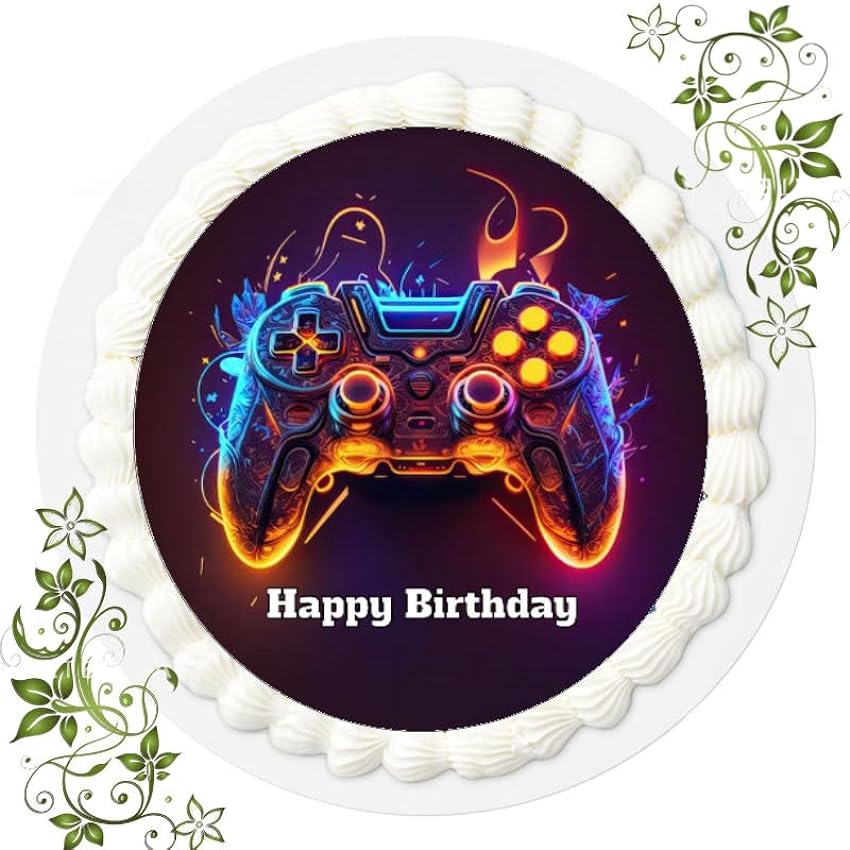 Decoración para tarta de cumpleaños con diseño de gamer, comestible para tartas, diámetro de 20 cm, diseño de jugador, color negro 5Y9Dvhnt