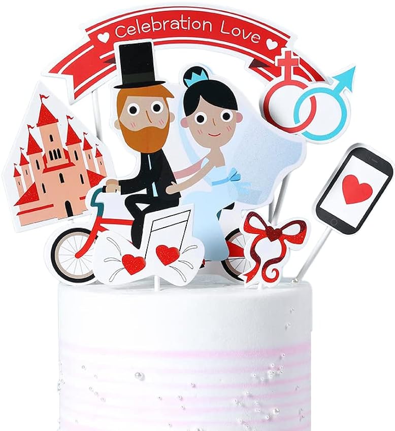 FAVORTALK Decoración para tartas de feliz cumpleaños, 1 juego de decoración divertida para tartas de bicicleta para parejas, señor y señora, decoración divertida para tartas (bicicleta de boda), 12 dYsqcdpJ